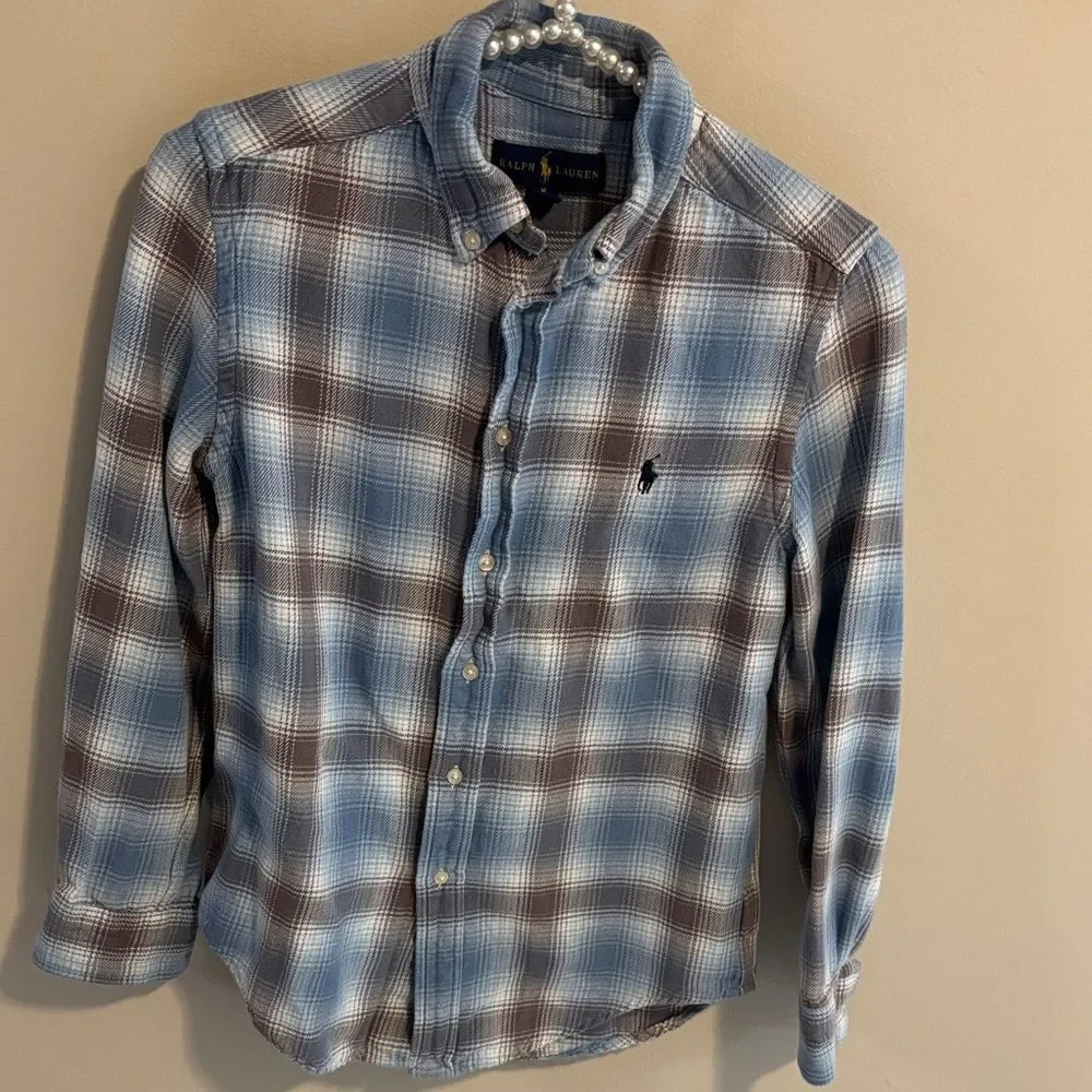 Ralph Lauren Youth  Blue and Brown Checkered Shirt size medium